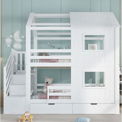 Lit superposé enfant 253x95x218 cm, escalier avec rangements, tiroir à roulettes, fenêtres et toit, pin et MDF blanc (1/5)