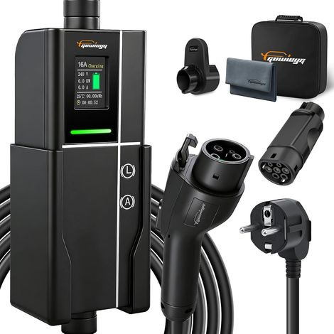Type 1 Chargeur Voiture Electrique 3,5kW/16A/5m, Chargeur Schuko avec Adaptateur Type 1 vers Type 2, Courant Réglable 8A-16A avec Étui de Transport, Écran LED, Minuteur de 6 heures, IP66 (1/5)