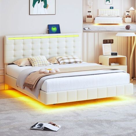 Cama 160x200 cm con LED y puerto USB, estructura de cama flotante 160x200 cm con somier de lamas, tejido de lino, beige.