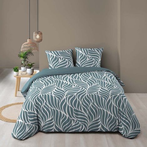 Parure de Lit 3 Pièces 100% Coton – Housse de Couette et 2 Taies d’Oreiller – Fermeture Pressions Discrètes – Morgane – Oeko-TEX - 240x220cm - bleu