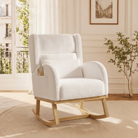 Fauteuil à bascule, Chaise d'allaitement de relaxation avec poches latérales et coussin lombaire, Design scandinave bouclette en tissu Teddy, Blanc (1/5)