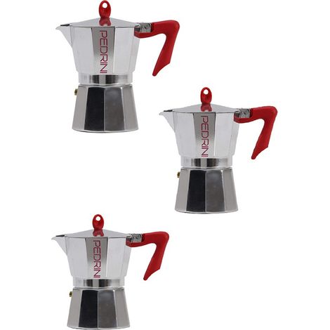 Pedrini Set 3 Caffettiere Moka da 1 - 2 e 3 Tazze in Alluminio Alimentare con Valvola di Sicurezza Manico Termoresistente Design Italiano per Espresso Tradizionale con Guarnizione in Silicone Atossico