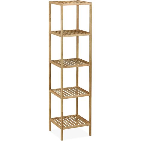 Relaxdays Bathroom Shelf, Walnut Wood, HWD: 146x35.5x35.5 cm, Open Design, Square, Freestanding Storage Rack, Natural (1/5)