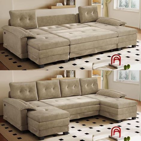 Sofá cama en U 278x127 cm de chenilla camel, cama extraíble y puertos USB - CHICFURN (1/5)