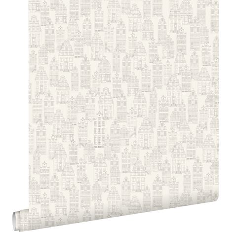 papier peint maisons bordant les canaux d'Amsterdam argent - ESTAhome (1/5)