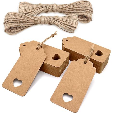 Étiquettes cadeaux en papier kraft 9,5 x 4,5 cm, lot de 100 avec ficelle de jute, pour mariage, Saint-Valentin, anniversaire, Noël (marron)
