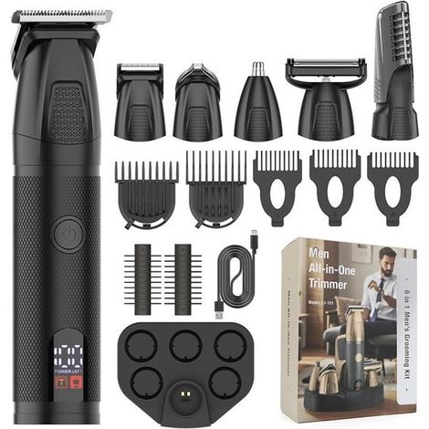 Tondeuse à Barbe pour Hommes 6-En-1 - Sans Fil Étanche Appareil Électrique pour Cheveux - Kit de Toilettage Tout-En-Un avec Écran LED - Noir - 1 Lot (1/5)