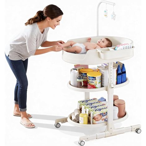 Table à langer pour bébé - Réglable en hauteur - Table à langer mobile - Avec espace de rangement - Portable avec roulettes et matelas à langer pour nouveau-né - Blanc (1/5)