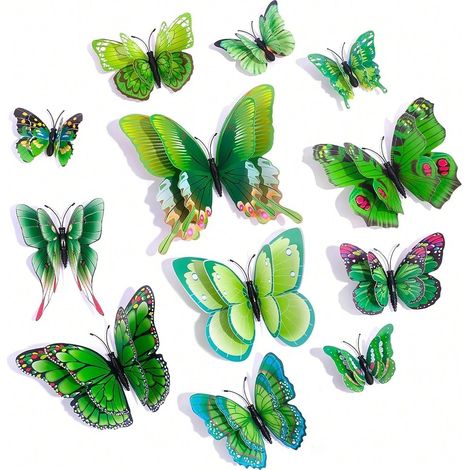 Décoration murale papillon 3D, double couche, autocollant réutilisable pour fête, casier ou réfrigérateur, vert, lot de 24 pièces (1/4)