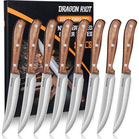 Set de Couteaux à Steak 8 Pièces  Couteaux à Steak Lame Lisse Possède un Manche en Bois, Ce Couteau à Viande Est Idéal avec Coffret Cadeau (1/5)