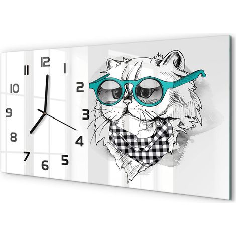 Horloge Murale Design Original 60x30 cm Verre Trempé Silencieuse Salon Chat avec des lunettes (1/5)