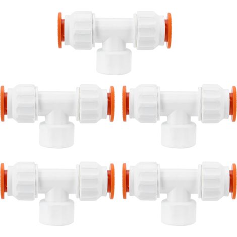 Lot de 5 raccords en T en plastique PPR, filetage femelle G1/2" vers double tuyau d'eau de 20 mm (1/5)