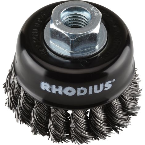 Brosse boisseau métallique Rhodius STBZ avec fil d'acier torsadé pour utilisation sur meuleuses d'angle, 65 x 20 x M14 mm