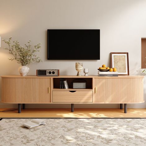 Mueble TV madera natural con puerta enrollable, cajón y almacenajes, diseño moderno, 175 x 40 x 55 cm (1/5)