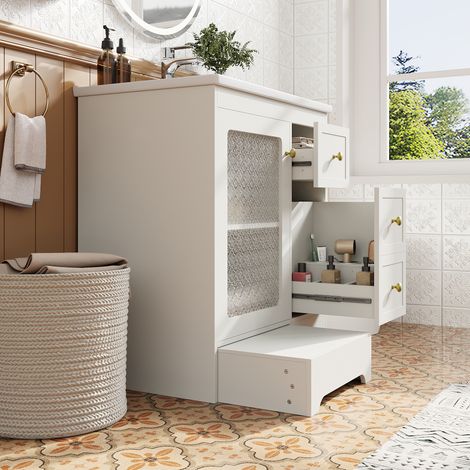 Meubleuse de salle de bain avec repose-pieds caché,lavabo en céramique lisse,éclairage LED,verre embossé et poignées dorées  (DA)