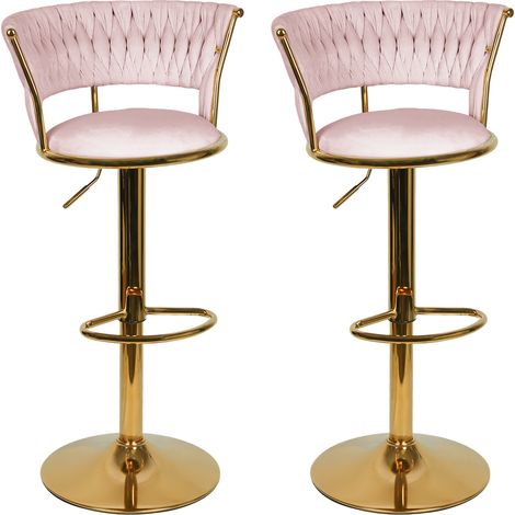 Lot de 2 Tabourets de Bar, en velours et métal, Chaises de comptoir réglable en Hauteur et Rotatif, Rose/Or (1/5)