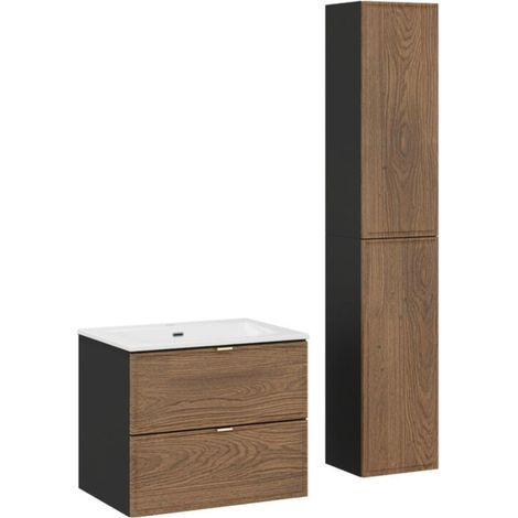 Badezimmer-Set SAVIA: 60 cm Unterschrank + weiße Einbauwaschbecken + Aufbewahrungsmöbel