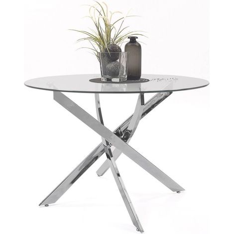 Mesa de comedor redonda DALILA cristal templado y pies de metal cromado de 110 cm (1/4)