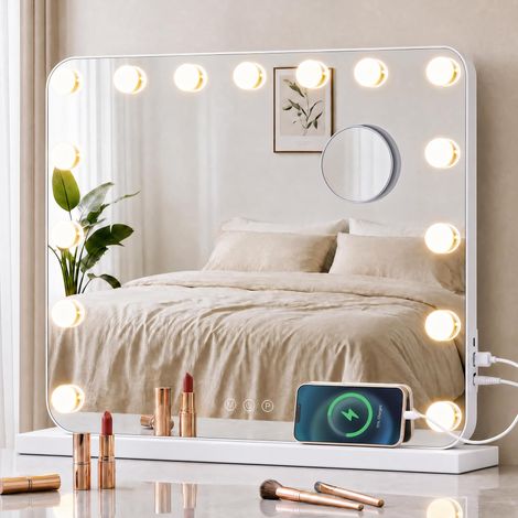 Grand Miroir avec 15 LED, Tactile, 3 Couleurs, Loupe 10x, Ports USB, Décoration Murale pour Chambre, 48 x 58 x 5,7 cm, Blanc Mat (1/5)