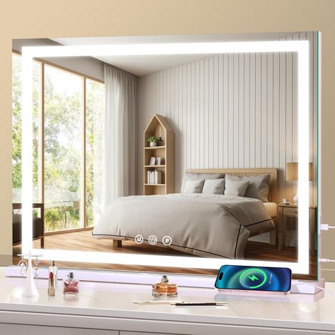 Miroir de courtoisie avec lumières, 58 x 48 cm, miroir de maquillage lumineux avec Smart Touch 3 couleurs à intensité variable, coiffeuse ou mural, fonction mémoire, port de charge (1/5)