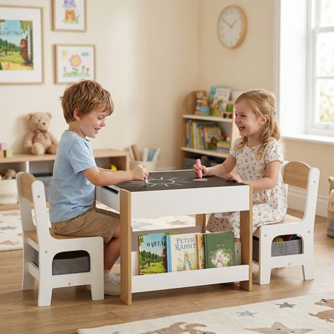 Juego de Mesa con Sillas para Niños 3 en 1 con Pizarra Cajones de Tela y Espacio de Almacenamiento Blanco y Natural (1/5)