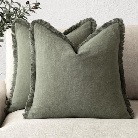 Ensemble de 2 Housses de Coussin décoratives à Franges en Lin de Style bohème et Rustique avec Pampilles pour canapé, Sofa, lit, Salon, décoration d'intérieur, 45 x 45 cm, Vert (1/4)