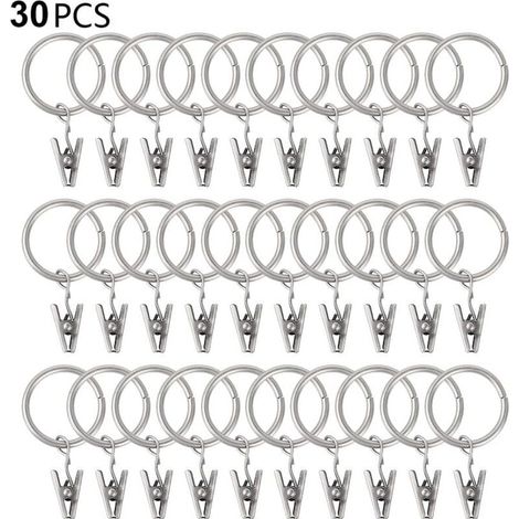 30 Gardinenringe mit Clips, stabile Gardinenclips, Haken an Spannstangenhalterung, Metallösen mit Innendurchmesser, dekorative Gardinenaufhänger, silberfarben (1/4)