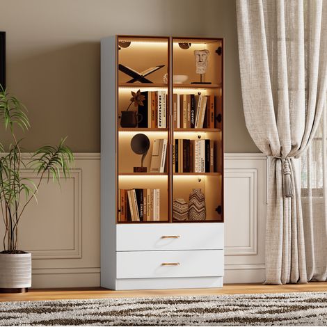 Badezimmerschrank 75 x 34,5 x 170 cm aus weißem MDF, beleuchtet, platzsparend – MEUBLIV (1/5)