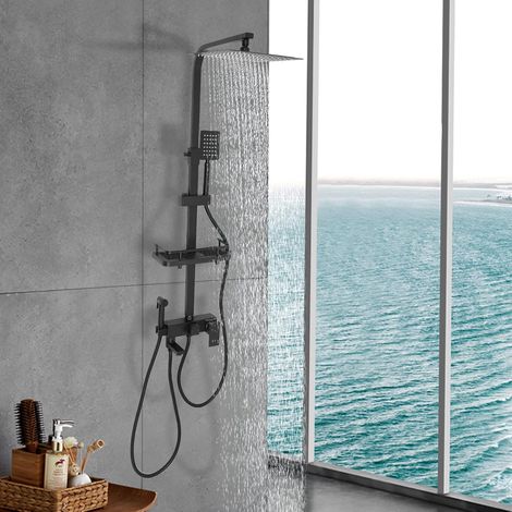 Duscharmatur Duschsystem Edelstahl Regendusche Duschset 4 in 1 mit HandBrause Einstellbare Höhe Keramischer Ventilkern für Hotels Badezentren Schwimmbäder Fitnessstudios schwarz (1/5)