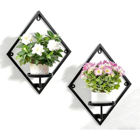 Support de plante mural intérieur diamant 2 pièces Métal support de plante mural noir solide Étagères murales pour plantes d'intérieur design diamant (1/5)