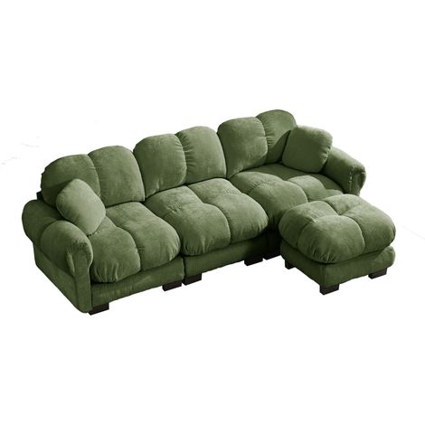 Divano angolare a L 3 posti in ciniglia verde con pouf mobile e 2 cuscini (1/5)