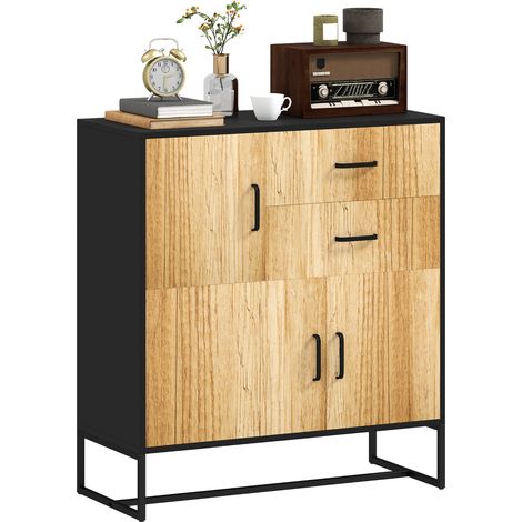 Credenza Mobile Basso Multiuso con 3 Armadietti e 2 Cassetti 80x35x88 cm Nero e color Legno (1/5)