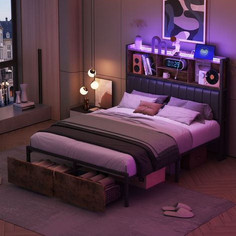 Lit double 160x200cm, lit cadre en fer avec 2 tiroirs de rangement, lit capitonné avec éclairage LED et prises USB, PU tête de lit avec rangement, sans matelas, brun (1/5)