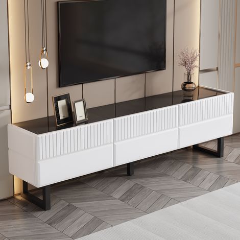 Mueble de TV con 3 Cajones y Patas de Hierro, Tablero Brillante, Estilo Minimalista, 170×35×47 cm, Negro Blanco (1/5)