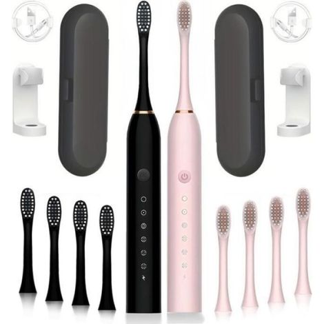 2 PCS Brosse à dents électrique sonique avec étui de voyage&Tenture murale 8 têtes de brosse 6 modes de nettoyage IP7X-X3noir+rose (1/5)