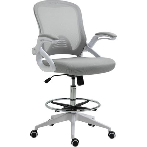 Chaise de bureau ergonomique avec accoudoirs rabattables et repose-pieds réglable, chaise pivotante réglable en hauteur avec fonction bascule, revêtement en maille gris clair