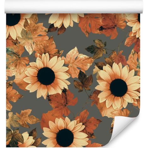 Papel pintado con girasoles pintados y hojas para salón y dormitorio, 50x1000 cm (1/5)
