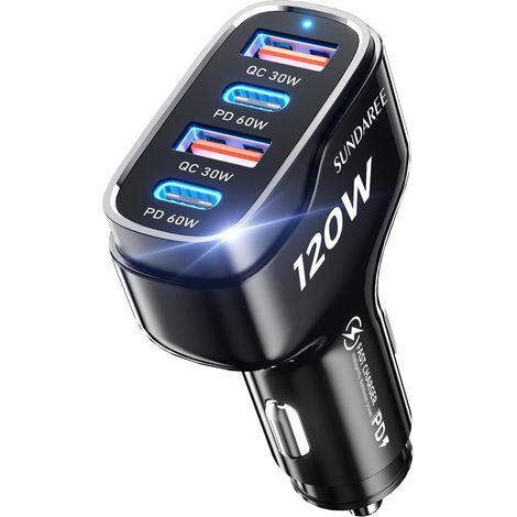 Chargeur Voiture USB C,120W Multi 4 Port 12V 24V Type C PD QC Charge Rapide Automobile Prise Téléphone Allume Cigare Adaptateur pour 25 A56/Redmi Note 14/17/Galaxy Tab/Macbook (1/5)