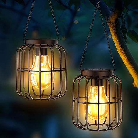 Lot de 2 lampes solaires à suspendre pour l'extérieur - IP65 - En métal - Étanche - Pour décoration extérieure de balcon - Blanc chaud - Pour jardin, terrasse, pelouse, cour (1/5)