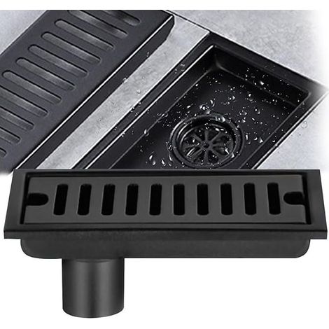 Siphon de sol rectangulaire, siphon de sol en acier inoxydable noir 20x10 cm siphon de sol de douche avec double filtre pour WC salle de bain drainage cuisine balcon (1/5)