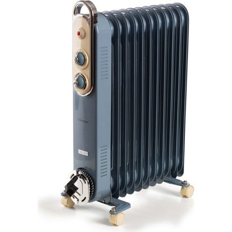 Ariete 8252 Radiatore a olio Vintage, 11 elementi riscaldanti, 2500W, 3 livelli di potenza, Maniglia e ruote per facile trasporto, Celeste