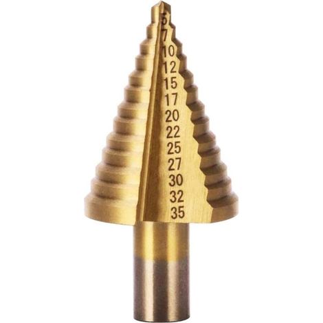 Foret Étagé HSS, Foret Fraise Meche Etage (5mm-35mm) Triangle Conique Titane avec Revêtement Titane,pour Visseuse Percage sur Acier, Laiton, Bois, Plastique (1/5)