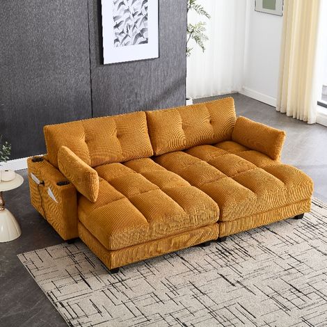 Modulares Cordsofa 2-Sitzer, teilbar in Einzelsitze, mit USB-Anschluss, Getränkehalter und Seitentaschen, 224x140x81 cm, Senfgelb (1/5)