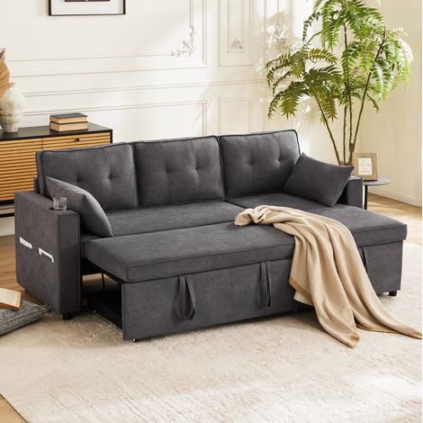 Canapé d'angle convertible 211x130x86 cm gris en coton et lin avec rangement et porte-gobelets (1/5)