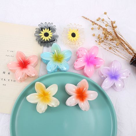 Pinces à cheveux en forme de fleur de frangipanier hawaïenne pour femmes et filles, pétales en acrylique dégradé de couleurs, pince à cheveux pour queue de cheval, coiffe (1/5)