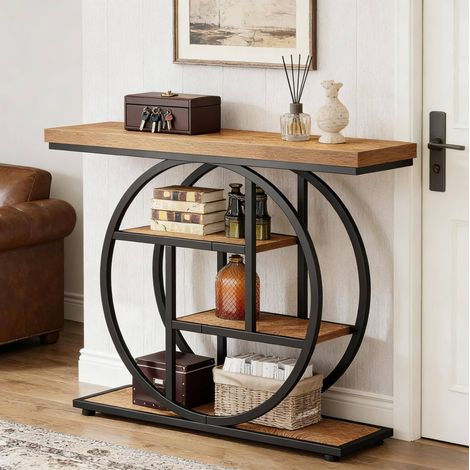 Table console en bois avec cadre en métal, 105x30x80 cm, pour salon et entrée (1/5)