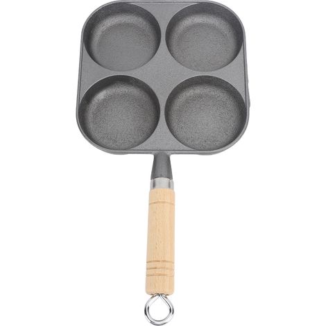 Poêle à œufs 4 tasses, antiadhésive et facile à nettoyer, en fonte avec manche en bois, idéale pour le petit-déjeuner (1/5)