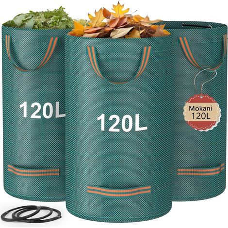 Lot de 3 sacs à déchets de jardin, 120 L, très résistants avec poignées, sacs de jardin réutilisables, sacs de recyclage pliables pour feuilles, ordures, débris, sacs poubelle de jardin (1/5)