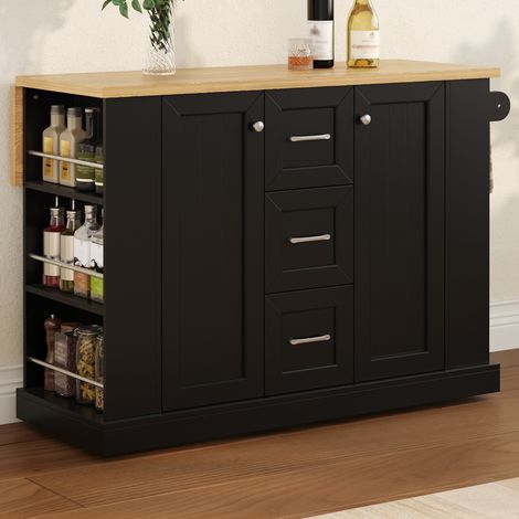 Îlot de cuisine mobile 120x70x90 cm avec plateau rabattable, 3 tiroirs, étagère 3 niveaux, roulettes verrouillables, porte-serviettes, MDF noir (1/5)