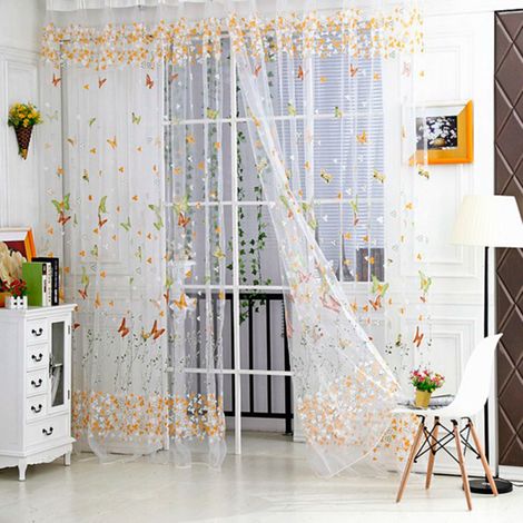 Voilage vintage brodé à motif papillon, 100 x 200 cm, jaune et vert. (1/5)